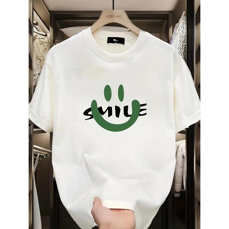European Size Men'S Heavyweight T-Shirt - Casual Crew Neck, Short Sleeve, Regular Fit, Summer Essential, White with Green Lettering, Lightweight