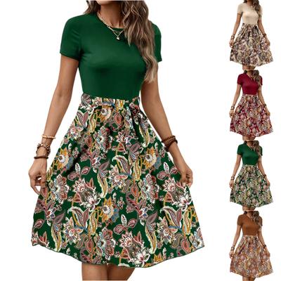 Women's Fashionable Retro Patterned Printing Color Blocked Belt Casual Dress