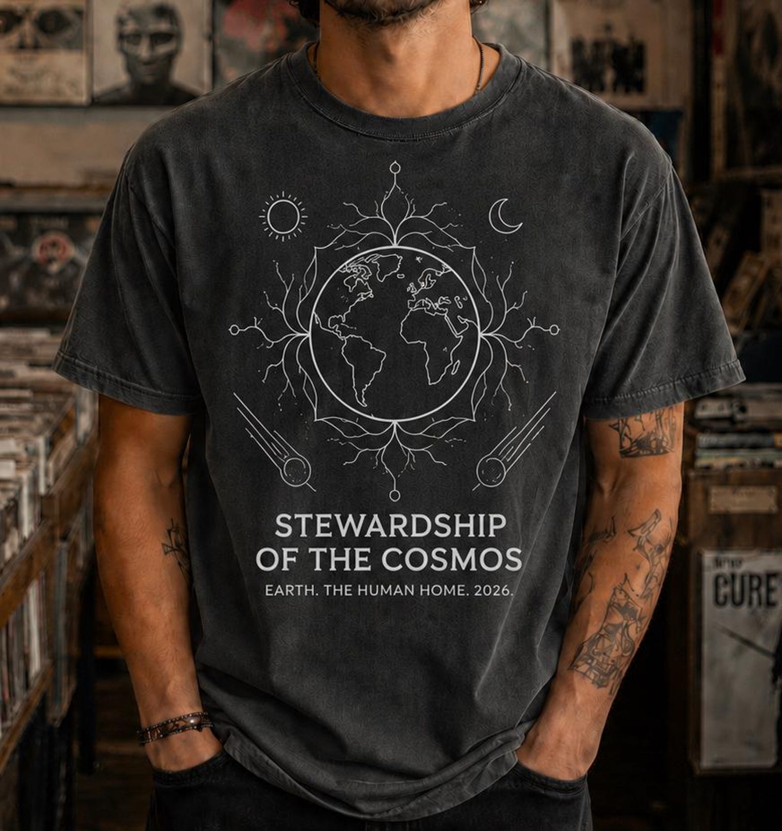 Stewardship of the Cosmos T-Shirt | Earth, Moon & Sun Illustration S