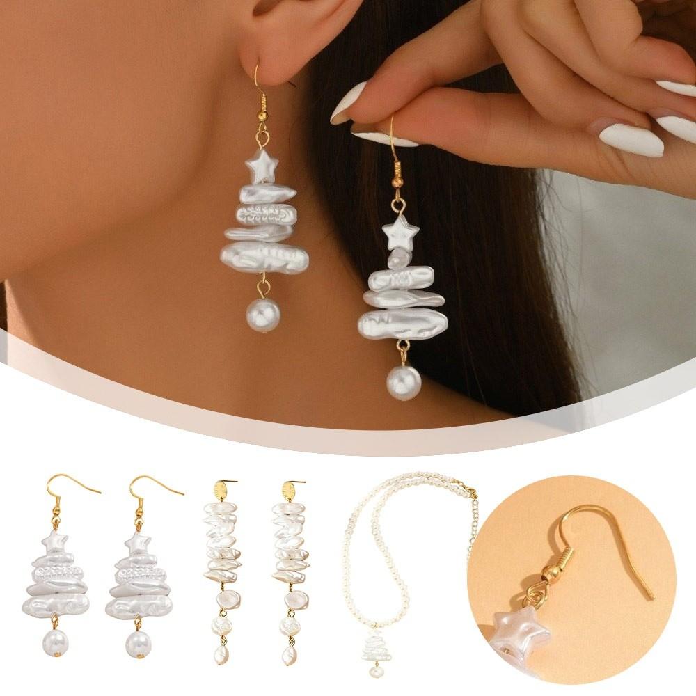 Fashion Pearl Flower Christmas Earrings Snowflake Design Irregular Christmas Tree Necklace Long White Stud Earrings Women Gift