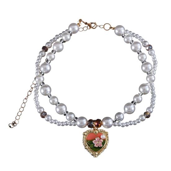 Faux Pearl Pet Collar for Dogs Cats Double-layer Beaded Necklace with Enamel Pendant for Pet Dress-up Jewelry Accessories