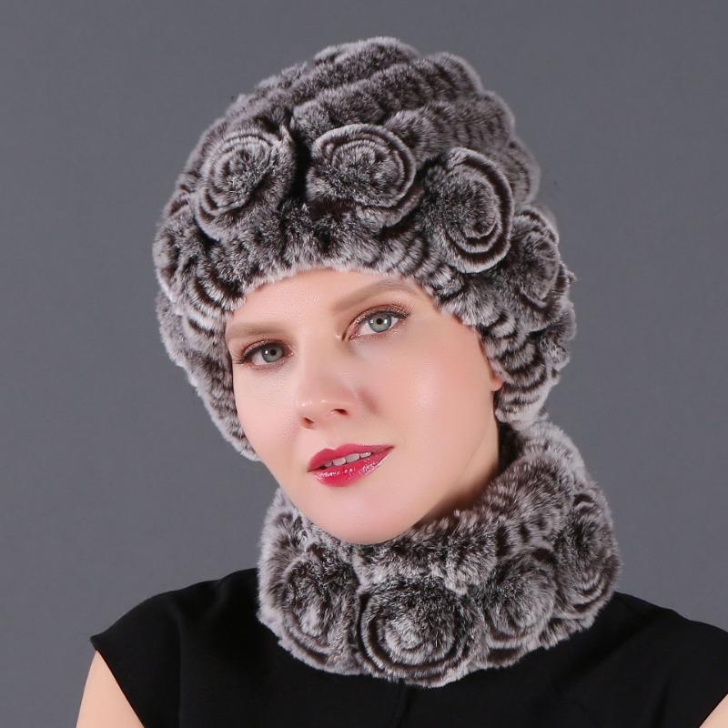 New High-quality Rex Rabbit Fur Accessories Autumn and Winter Women's Versatile Warm Hat Scarf Two-piece Set