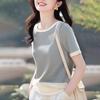 Summer hook lace hollow splicing round neck women's color matching knitted top