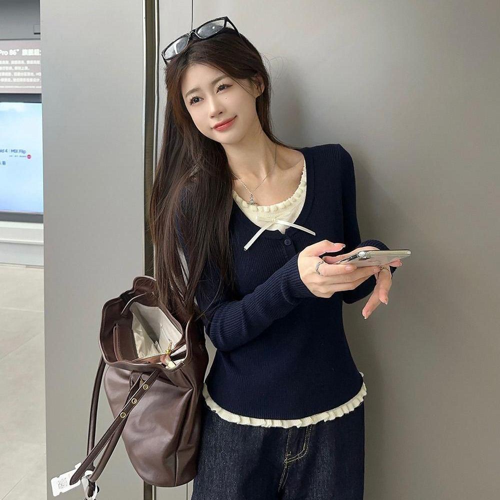 

Женский вязаный топ в корейском стиле с бантом и оборками - Длинный рукав, эффект двойки, осенняя коллекция One Size темно-синий