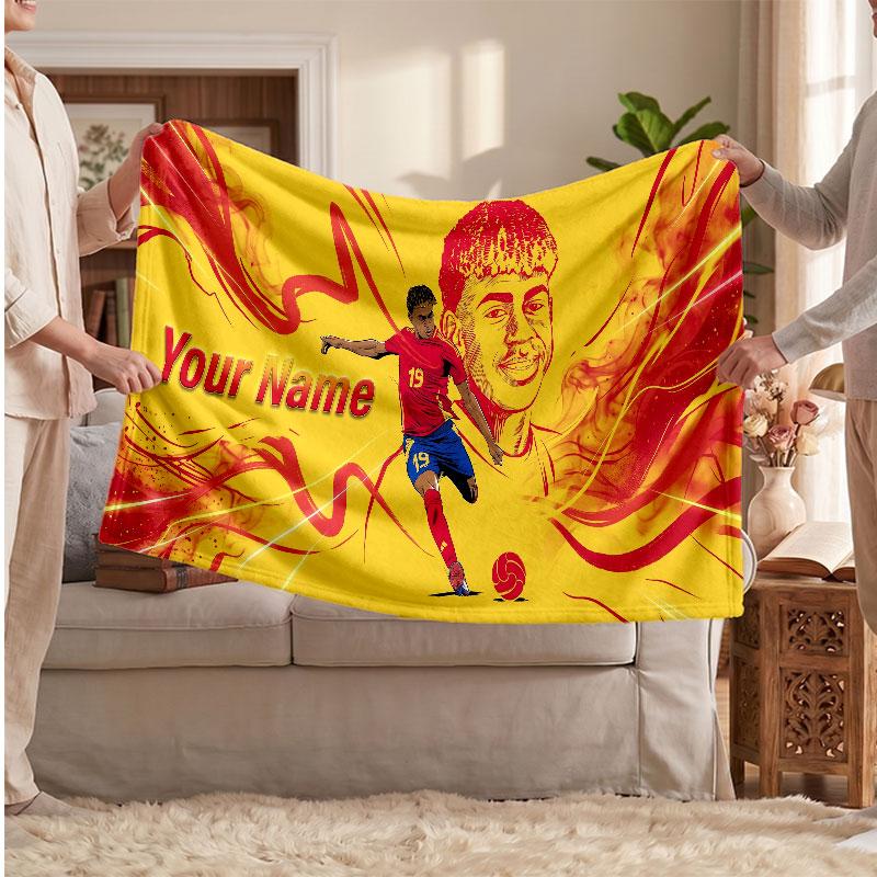 Coperta in pile personalizzata Lamine Yamal con logo del calcio, testo con nome personalizzato, morbida, calda, coperta da divano per la casa