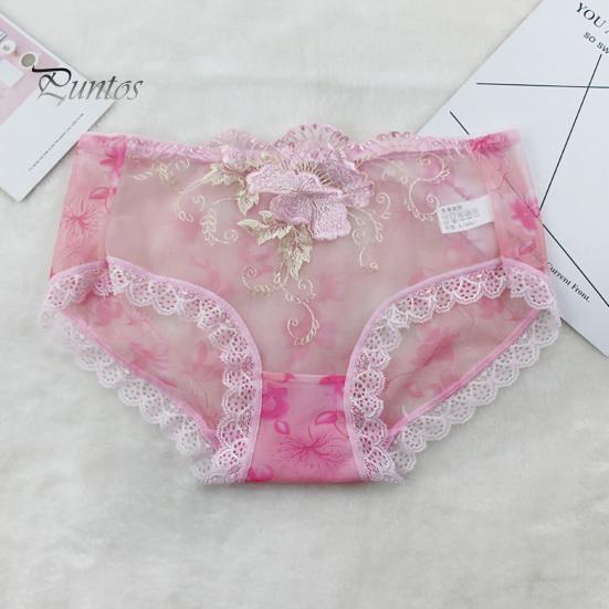 Underpants Women Panties Rose Embroidery Flower Print Mid Waist Stretch Briefs See-through Lace Sexy Ladies Underwear Daily Wear