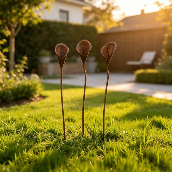 3 Pcs Rustic Metal Calla Lily Garden Stake Vintage Flower Outdoor Yard Art for Patio Lawn Garden Backyard Planter Pots Flower Beds Decor