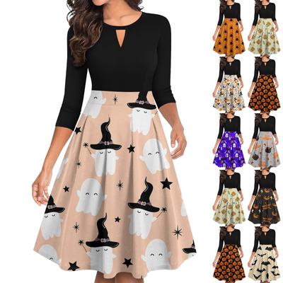 Vestidos de festa casuais femininos com estampa de Halloween vintage, manga 3/4, alargados, linha A