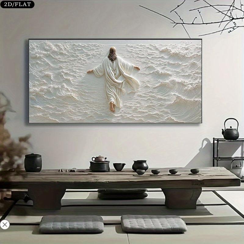 Walking on Water Bible Religious Decorative Painting - Minimalist Beige And White Canvas Wall Art, Suitable for Living Rooms, Bedrooms