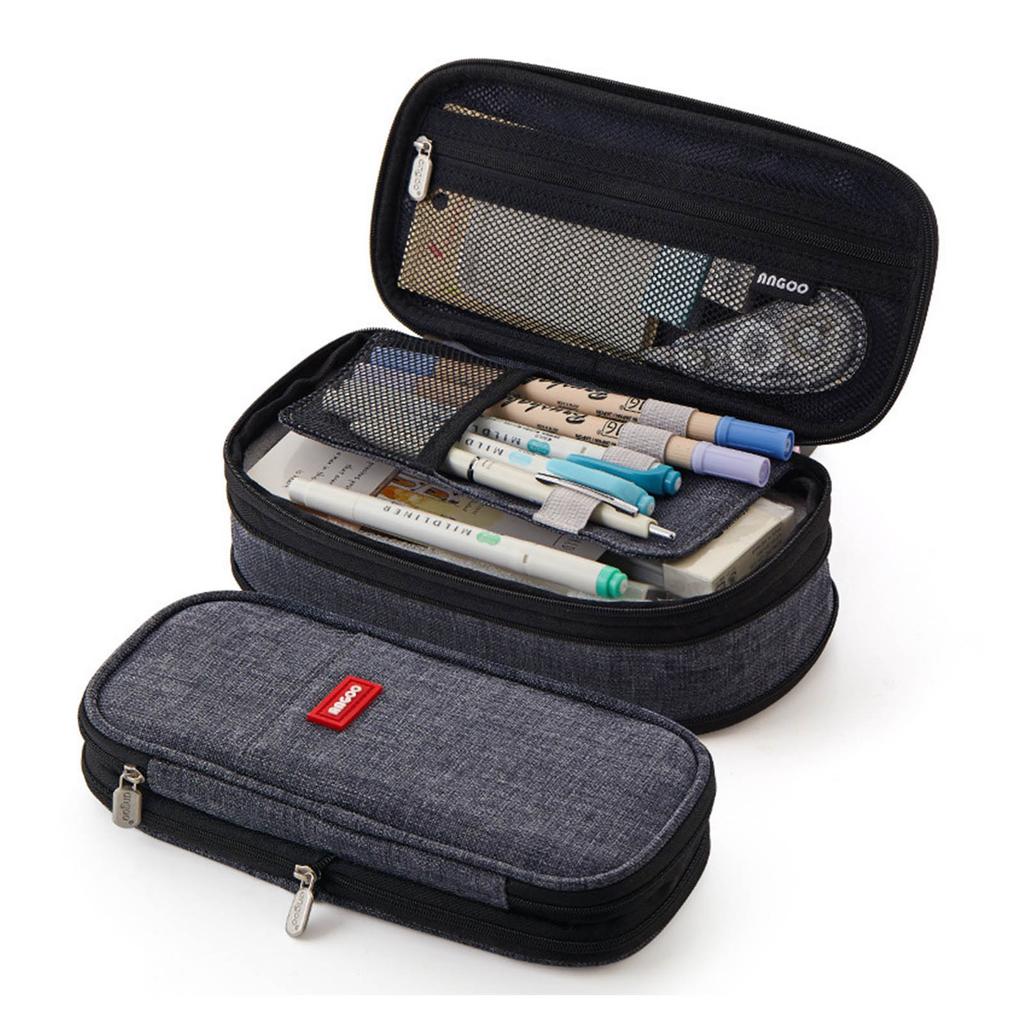 Pencil Bag Gray Large Capacity Metal Zipper Canvas Mesh Pocket Large Pencil Case for Students School Office Student