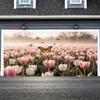 2D Pink Tulip Field Backdrop with Monarch Butterflies Nature Background