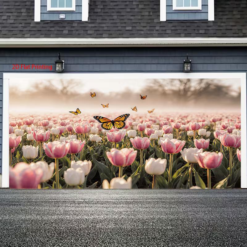 2D Pink Tulip Field Backdrop with Monarch Butterflies Nature Background