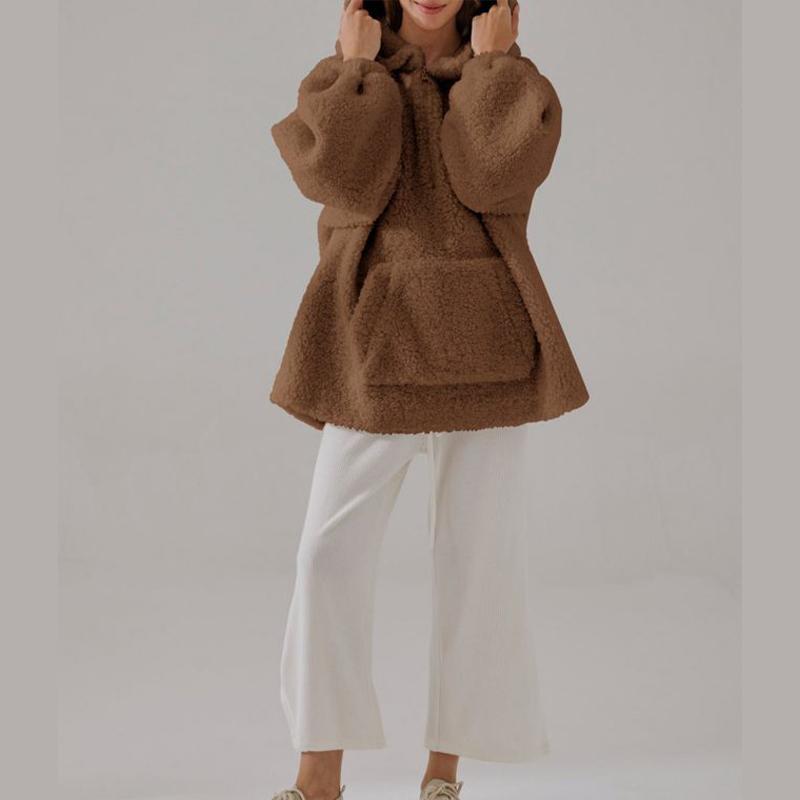 Fashionable Hooded Sweatshirt Women Solid Color Casual Pullover Top