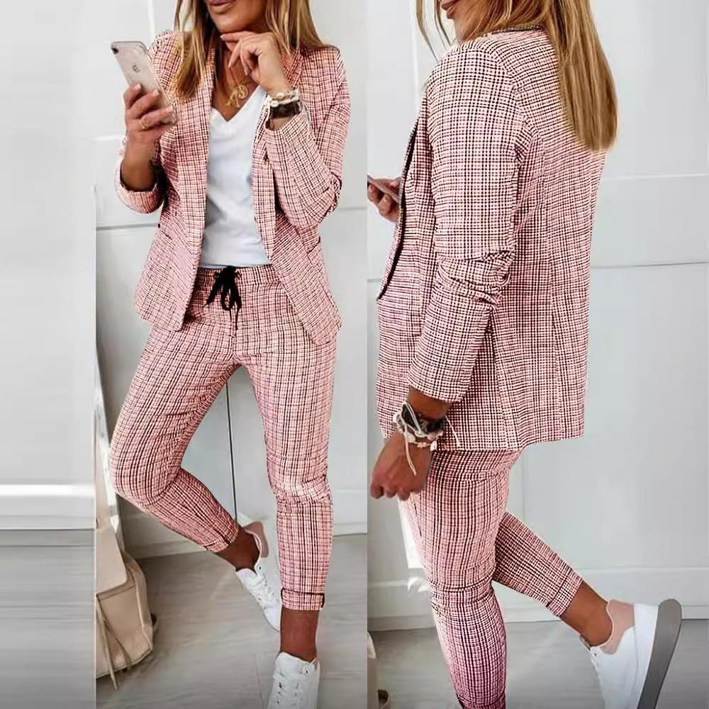 Autumn Winter Plaid Printing Two Piece Sets Women Casual Notched Collar Blazer & Pants Set Outfits Fashion Elegant Suit Sets