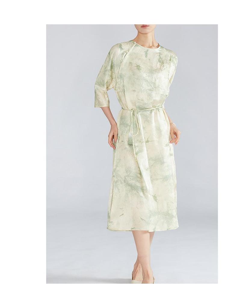 Handmade Tie-Dye Mulberry Silk Jacquard Dress - Chinese Style, Round Neck, Slanted Placket, Seven-Sleeve Midi