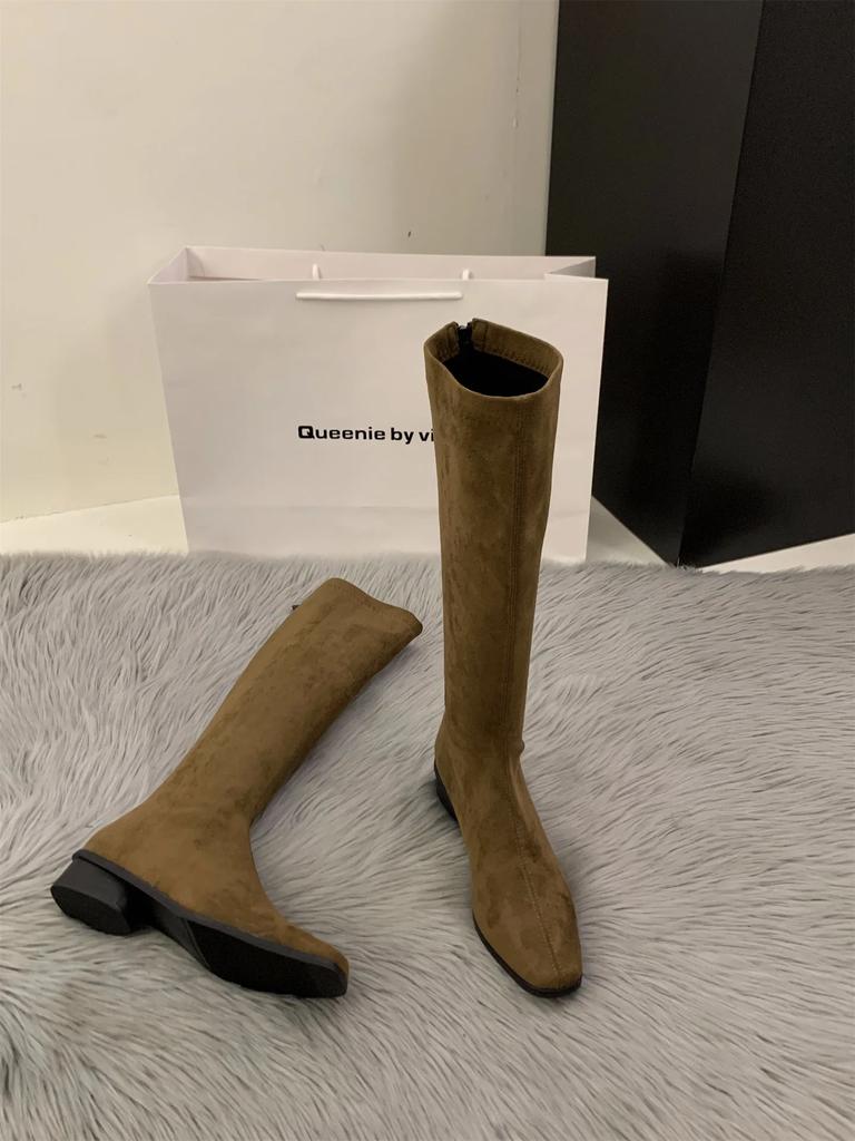 Fashion Designer Vintage Women Knee High Boots Fashion Square Low Heel Shoes Concise Slim Long Botas De Mujer 2025