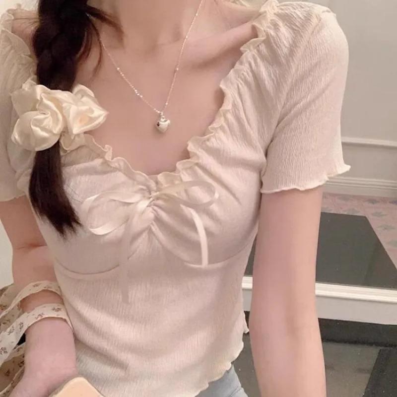 

Gray Right-shoulder Short-sleeved Lace Women s Ballet Style Shirt for Summer with a Niche Sweet and Spicy Look L