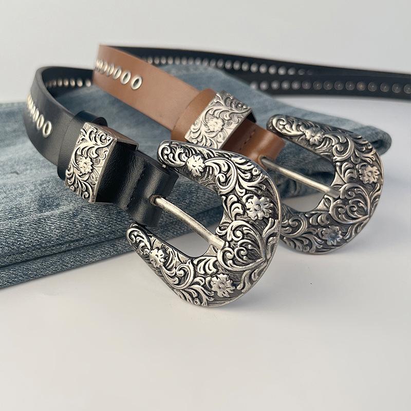 Retro Nieten Trendiger Damen Gürtel Rindsleder mit Freizeithose Jeans Damen Punk Gürtel