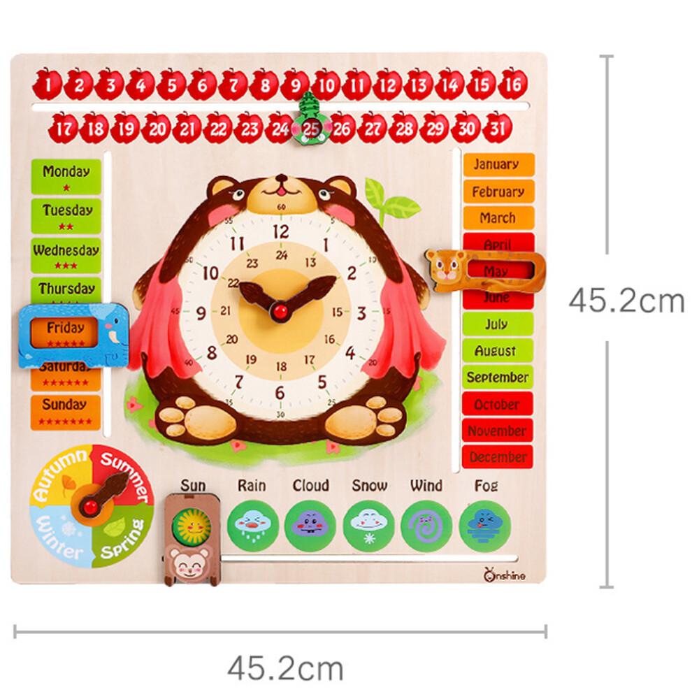 Kids Calendar Board Wooden Clock Toy Time Date