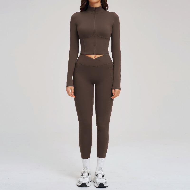 Nude yoga set, zipper tight fitness suit, outdoor running sports set for women