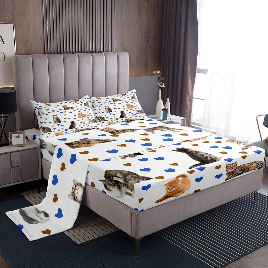 Animal Cat and Dog Pattern Bed Hat Four-piece Bedding Set Bedroom Dormitory Bedding Decoration