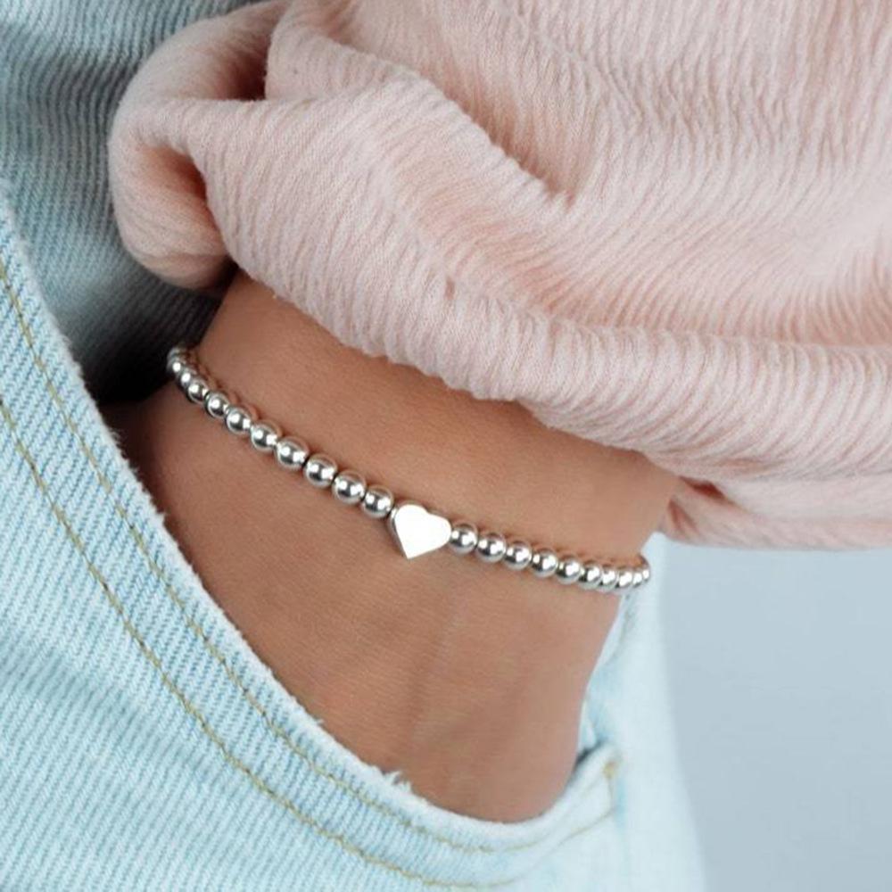 Silver Plated Heart Bead Elastic Bracelet - Unisex Jewelry