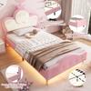 Upholstered Bed, Children's Bed, with Soft Protective Edges, Monochrome LED Strip, Headboard with Crown, Single Bed, PU, Pink+White, 90x200CM