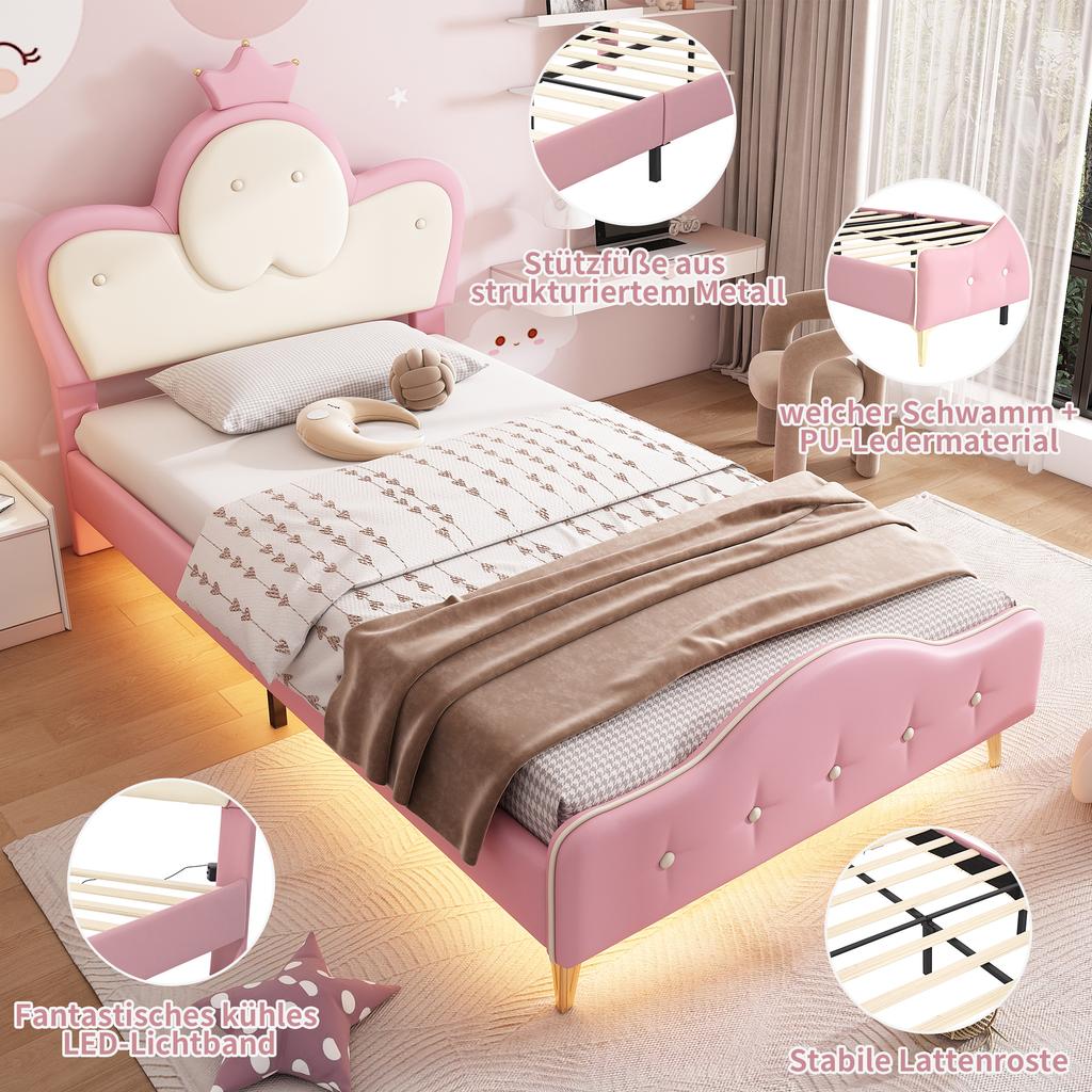 Upholstered Bed, Children's Bed, with Soft Protective Edges, Monochrome LED Strip, Headboard with Crown, Single Bed, PU, Pink+White, 90x200CM