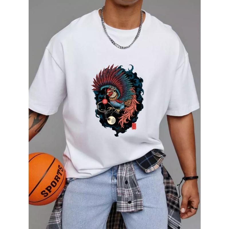 White T Shirt with Phoenix and Yin Yang Design for Casual Wear