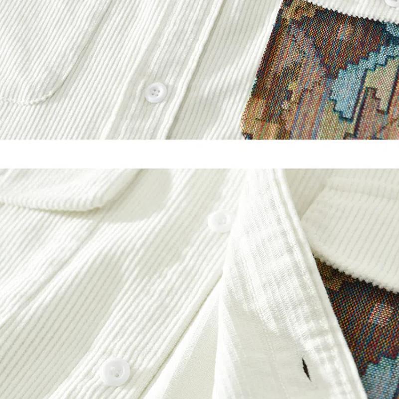 Japanese Retro Style Long Sleeve Shirts for Men Autumn and Winter Corduroy Loose Shirt Casual Pure Cotton Double Pockets Printed Shirts