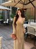Pure Lust Hot Girl Khaki Lace-up Dress for Women's Autumn and Winter, Chic Age-reducing and Thin Sexy Medium and Long Dress