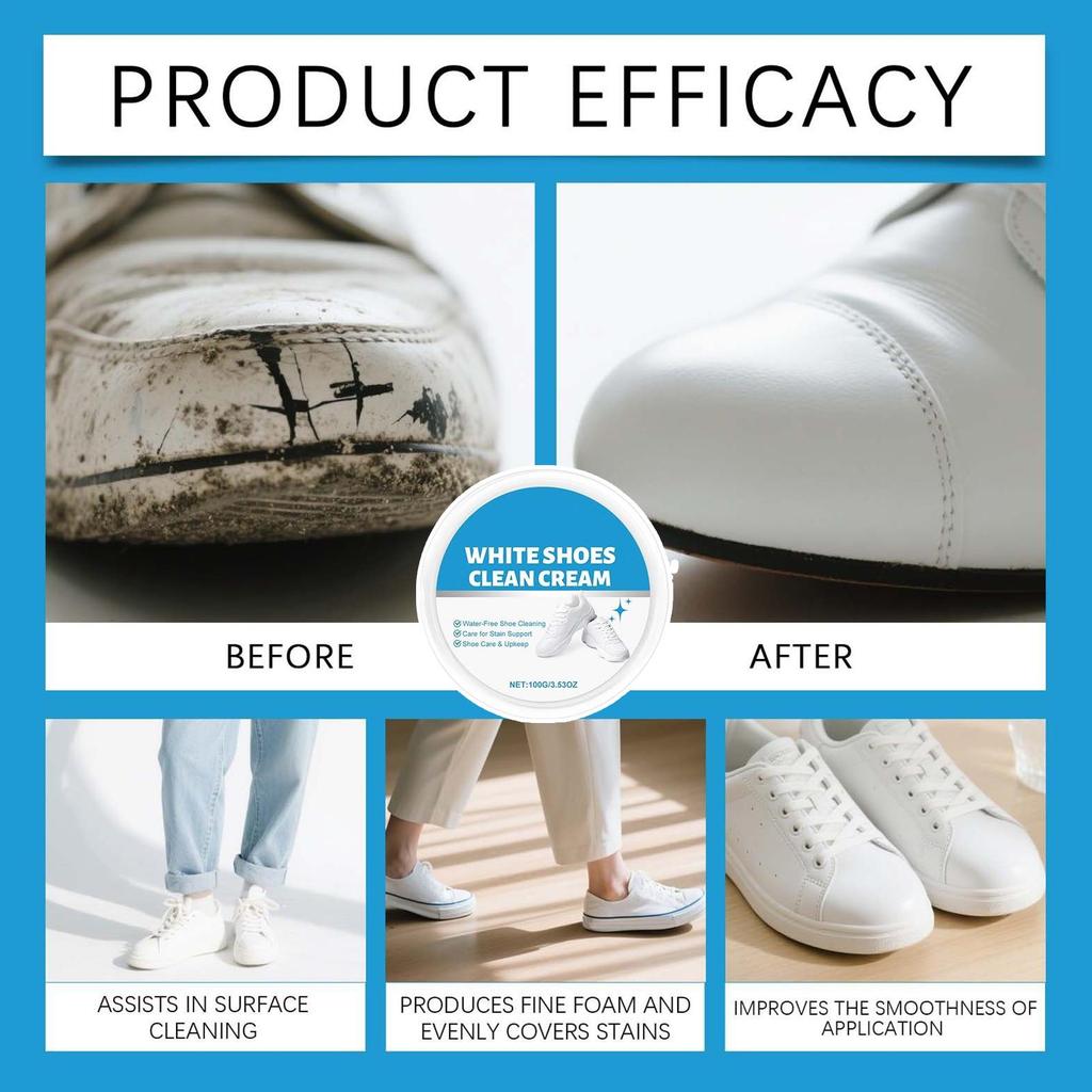100g White Shoe Cleaner Cream Anti-Yellowing Stain Remover with Sponge Leather Mesh Rubber Canvas Cleaning Kit for Boots Shoes