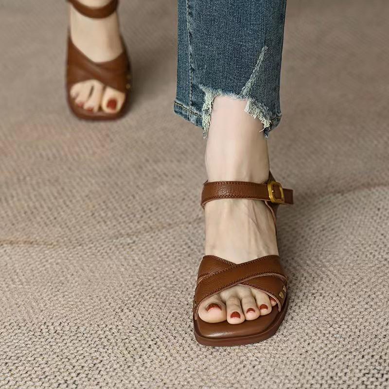 2024 Summer French Mid-Heel Open-Toe Cross-Strap Backless Women's Sandals - Chunky Heel, Ready Stock