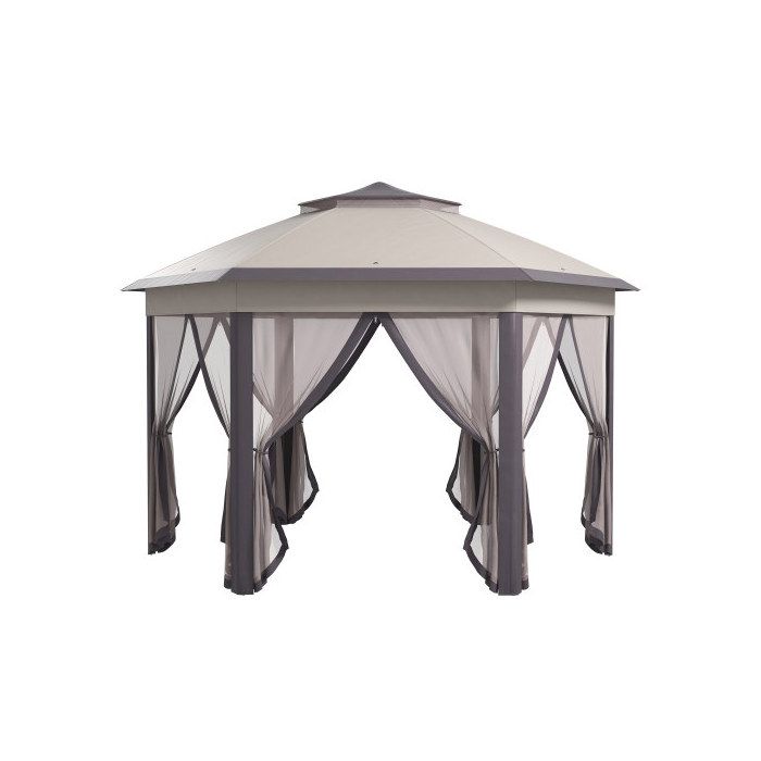 Chapiteau pliant 4x4m avec sac de transport et 6 côtés, café et beige Double toit hexagonal