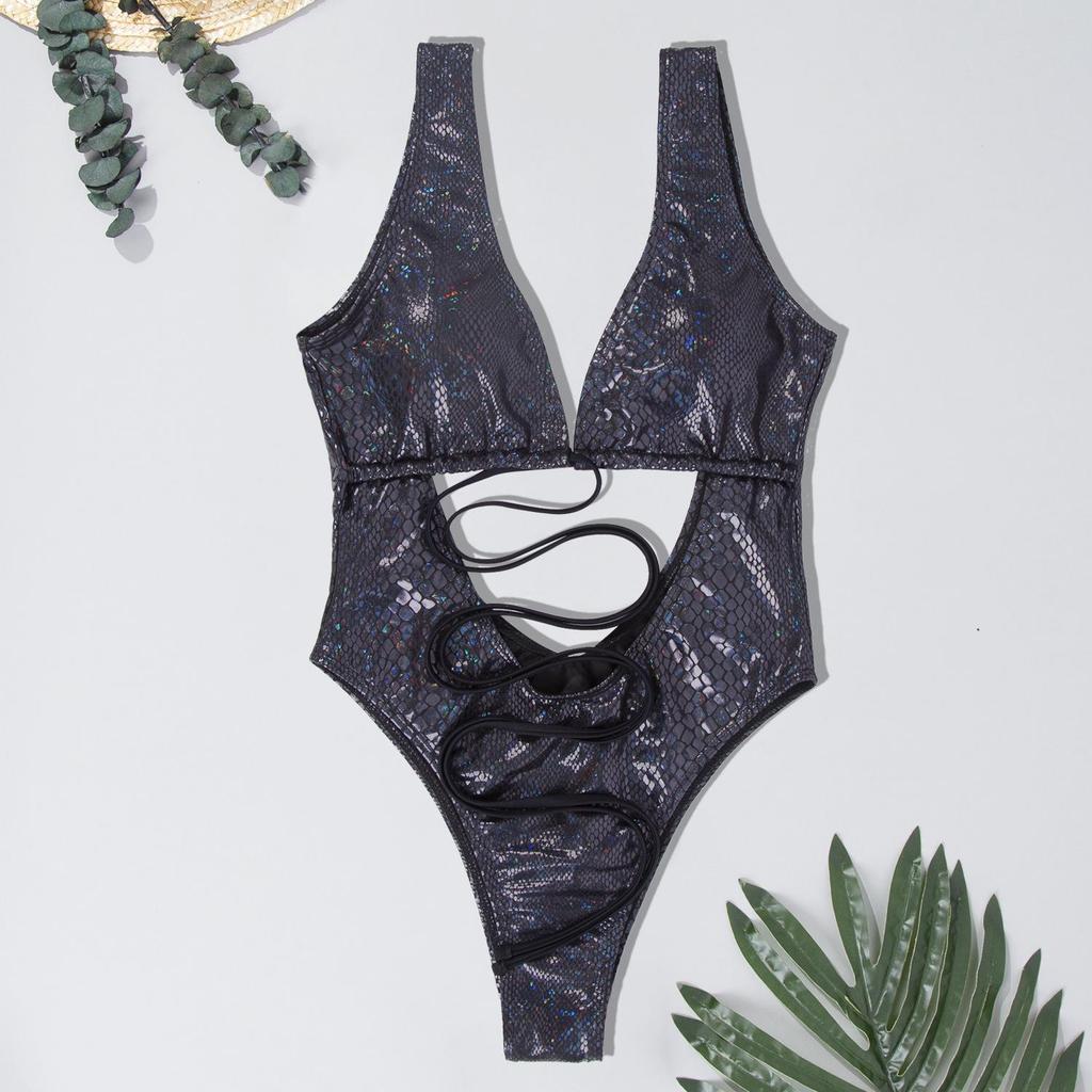 Costume da bagno intero da donna nero sexy con lacci - Tinta unita, taglia plus