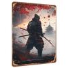 Samurai In Traditional Armor with Red Maple Leaves Japanese Castle Landscape Metal Wall Art Decor