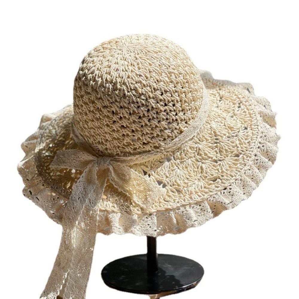 Lace Trim Sun Hat Foldable Beach Cap Elegant Summer Straw Hat  Travel