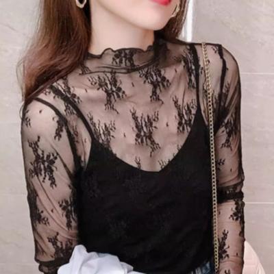 Long Sleeve Transparent T-shirt Mesh See Through Tops Fashion Lace Bottomed Blouse  Spring Autumn