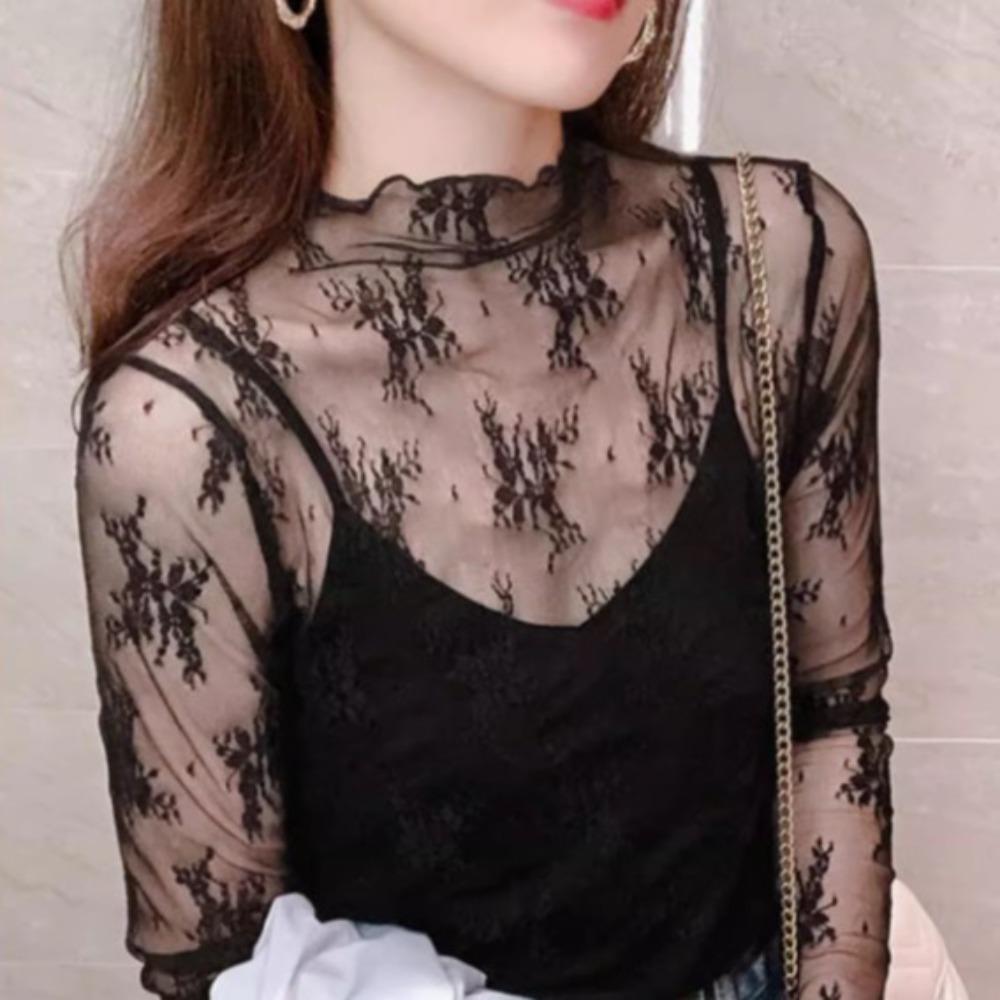Mesh Lace Bottomed Blouse Hollow Lace Floral Shirts Elegant Transparent T-shirt Spring Autumn