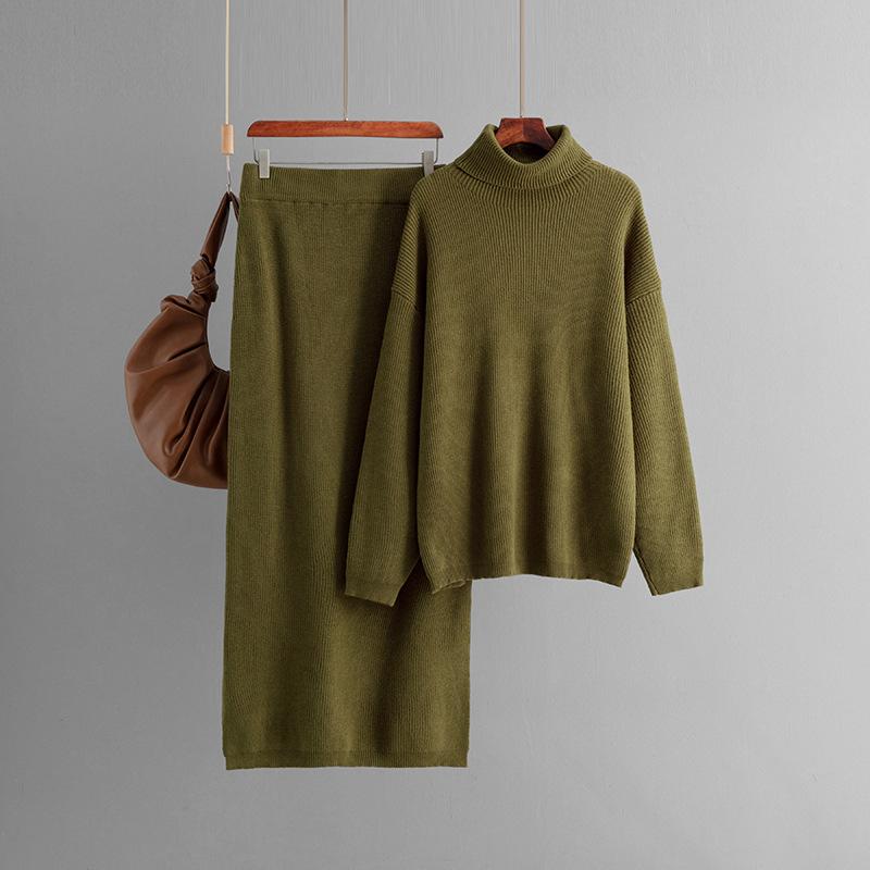 Pullover sweater two-piece set women's autumn and winter new solid color split knitted skirt set