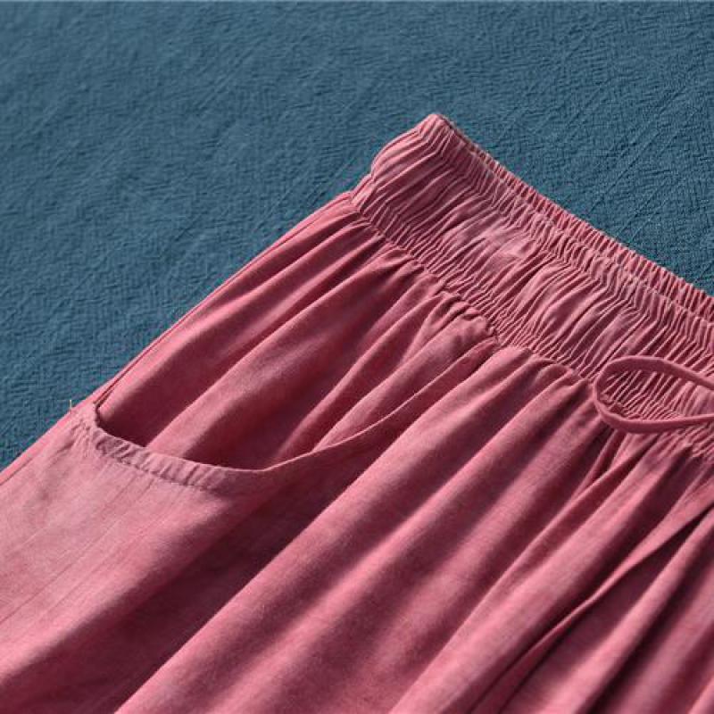 Johnature Spring Autumn Full Length Retro Pants Elastic Waist Tie Dye Wide Leg Women Lace Up Pants