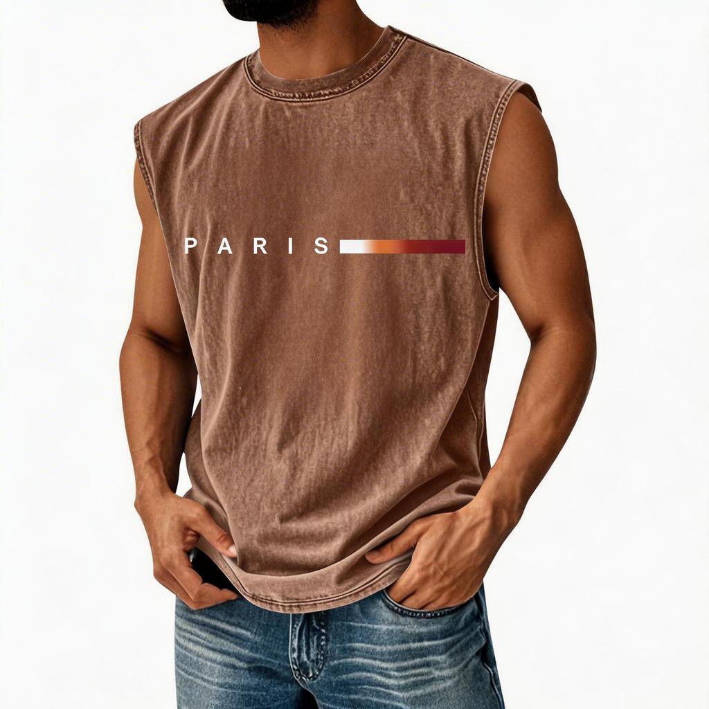 Men's Loose And Casual Trend Letter Print T-shirt - Men's Washed And Distressed Breathable Sports Sleeveless Top