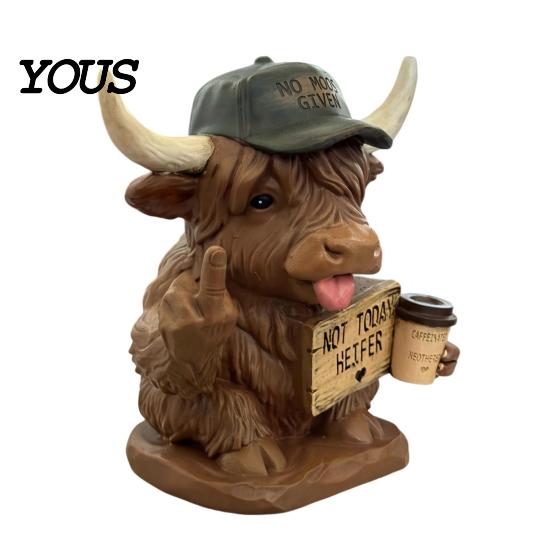 Resin Ornaments Highland Cow Desk Statue, Funny Middle Finger Figurine with Coffee Cup & Sassy Sign, Detailed Carvings Cute Farmhouse Desktop