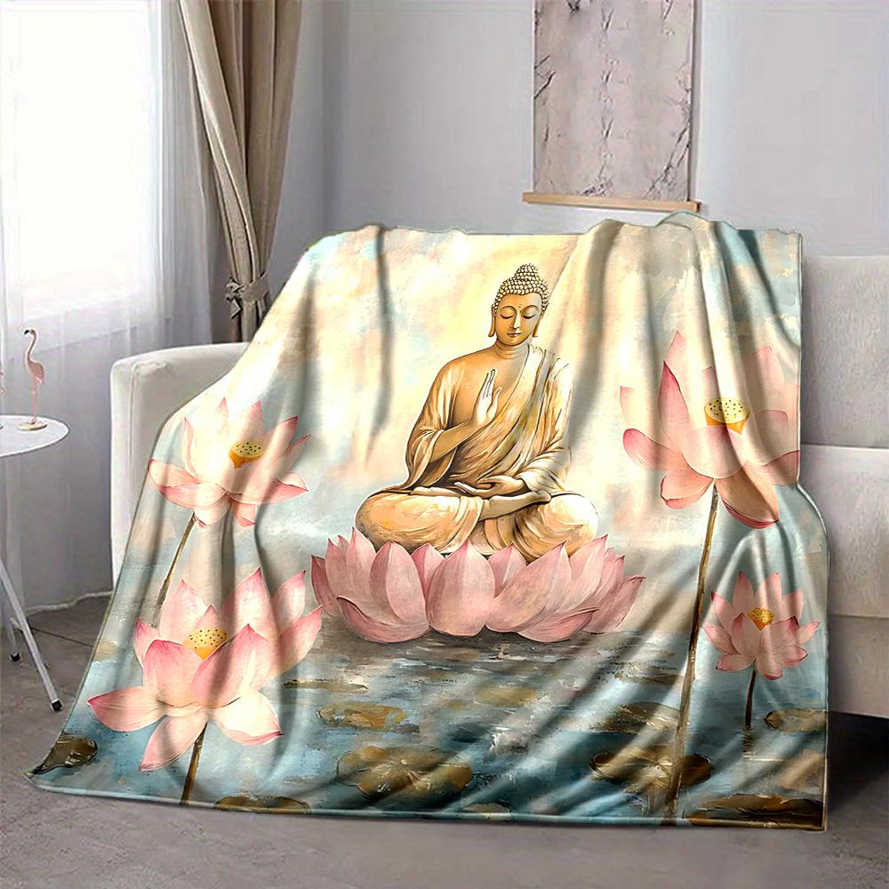 1pc Buddha Lotus Blanket, Lightweight Flannel Throw Blanket For Sofa, Bed, Travel, Camping, Living Room, Office, Couch, Chair, And Bed