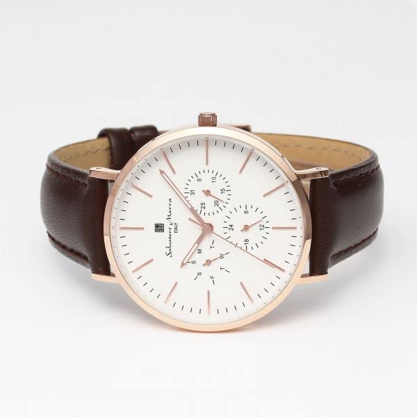 Authentic Salvatore Marra Wristwatch, SM22102-PGWH, Water Resistant, Date/Day Display, Leather Strap, PGWH [Parallel Import]