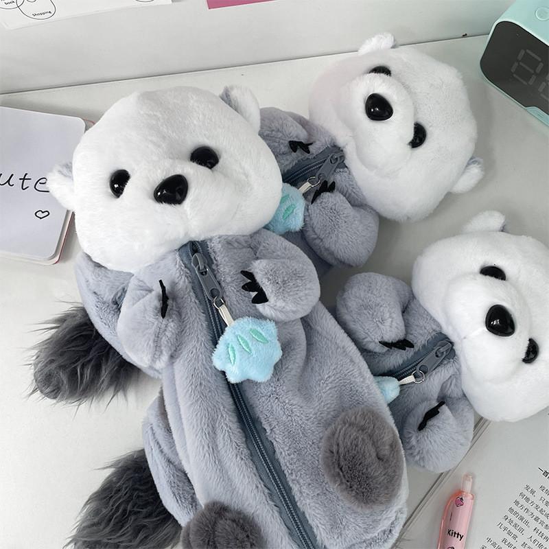 Otter Plush Pencil Case With Cartoon Marine Animal Design For Students Storage