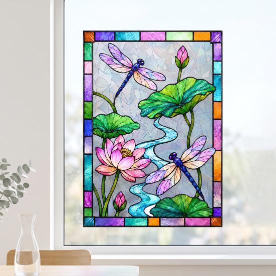 Waterproof Window Film Dragonfly Lotus Stained Glass Style Cling, Rainbow Suncatcher Static Pattern Decal, Privacy for Home Door Balcony Bathroom