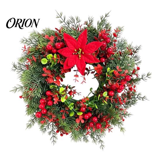 Weatherproof Winter Wreath for Porch Christmas with Red Berries Eucalyptus Pinecones, Artificial Front Door Natural Look Greenery Hanging Garland