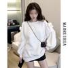 Bow Long Sleeved Off Shoulder Hoodie for Women Thin Hooded Spicy Girl Mid to Long Length Top