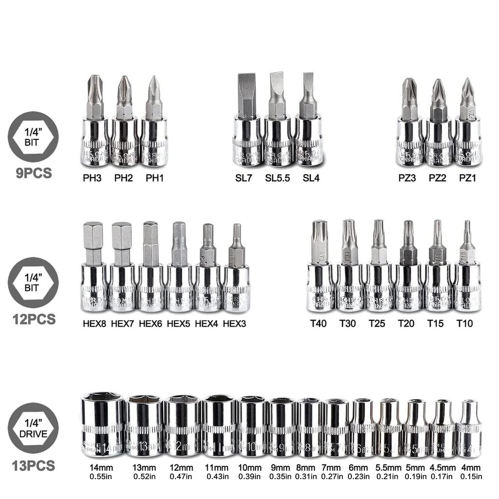 STONEGO 46Pcs/53Pcs 1/4 Inch Drive Socket Set, Metric Ratchet Wrench Set with 4-14mm CR-V Socket, S2 Drill Bit, Extension Rod